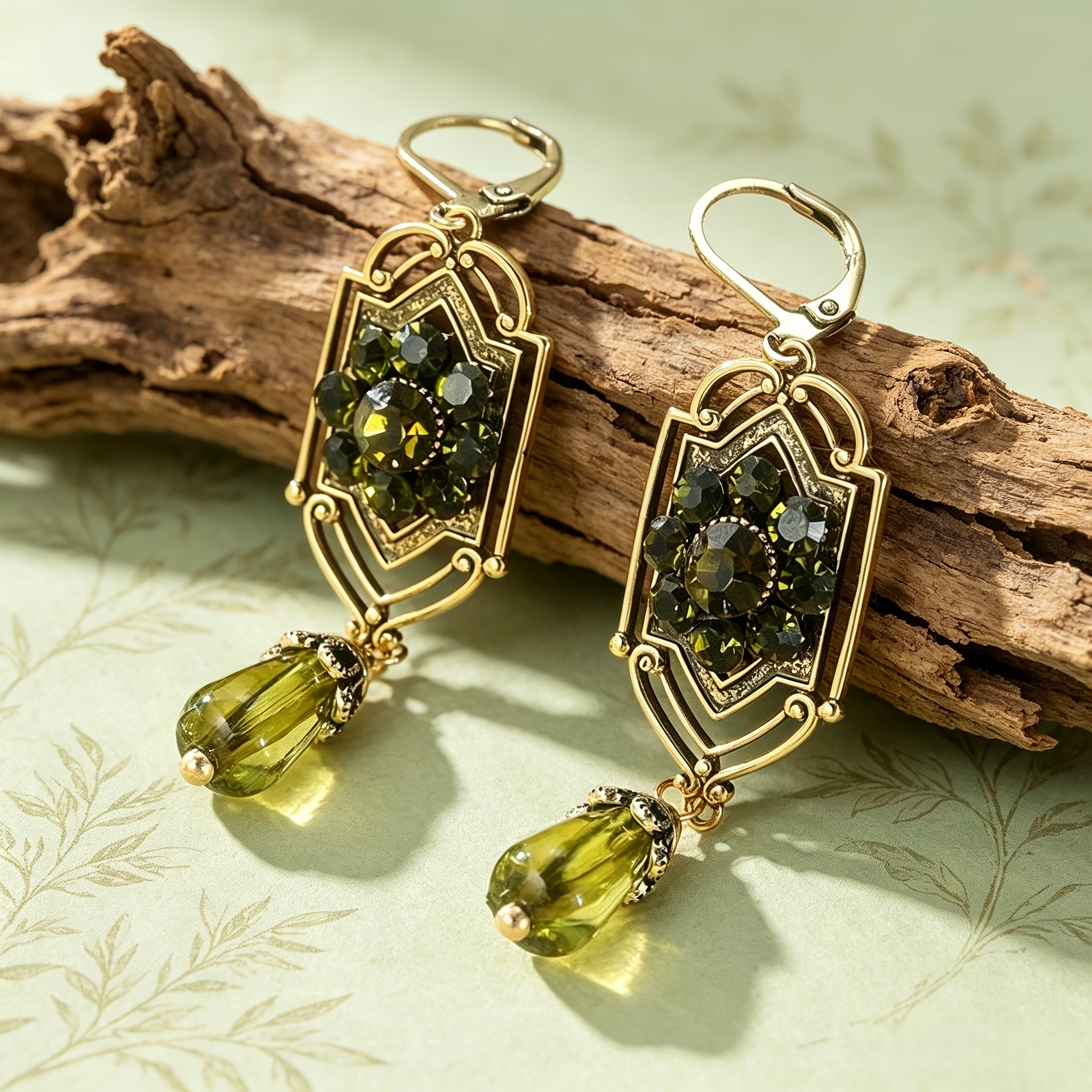 French-Style Art Deco Green Chandelier Earrings